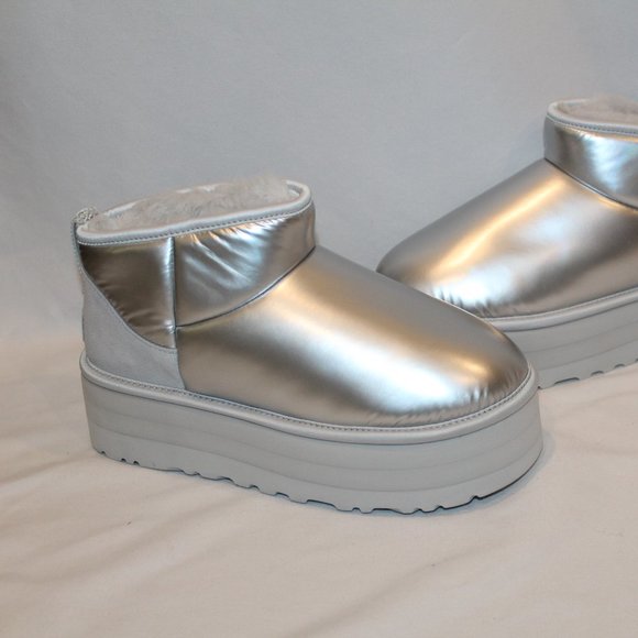 NIB UGG WOMEN'S ULTRA MINI PLATFORM PUFFER SHINY METALLIC SLIVER BOOTS - Picture 2 of 7